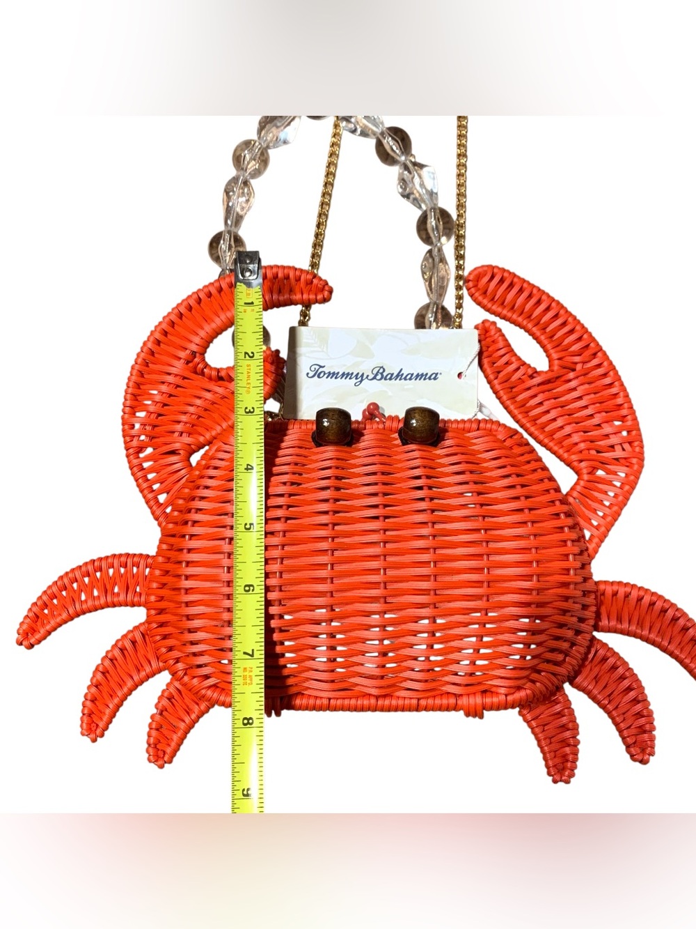 Tommy Bahama Red Crab Woven Straw Wicker Bag Gold Chain Crossbody & Clear Beads - Picture 7 of 7